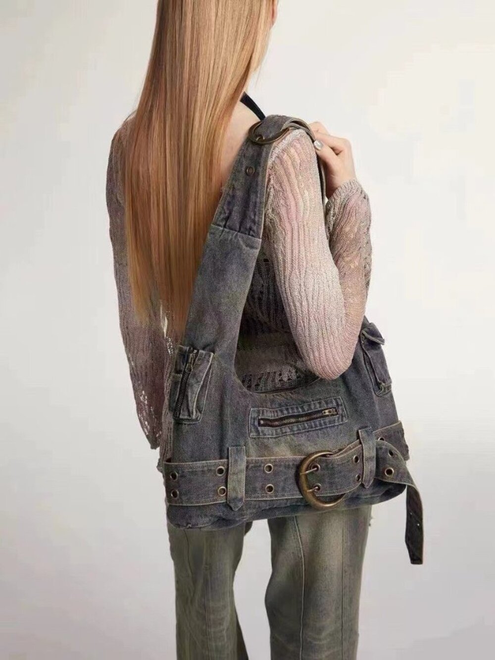 Vintage Acid Wash Denim Hobo Bag | Grunge Y2K Utility Sling Shoulder Purse